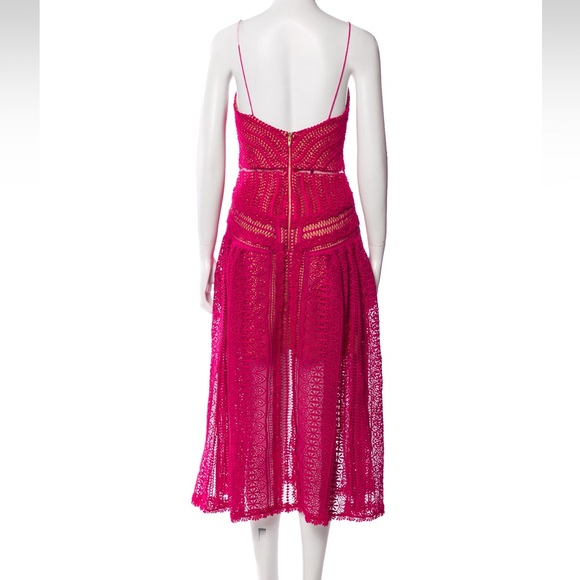 Self-Portrait Fuchsia Guipure Lace Spiral Midi Dress, Nude Lining, US4, UK8 EX++ - Picture 10 of 10
